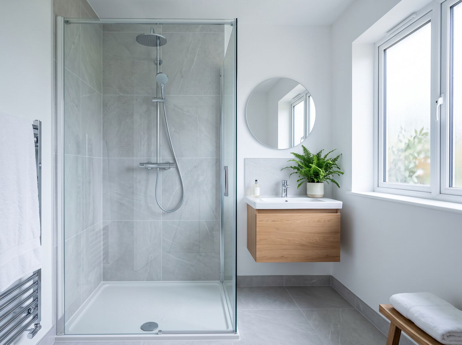 A newly fitted bathroom with a glass walk-in shower