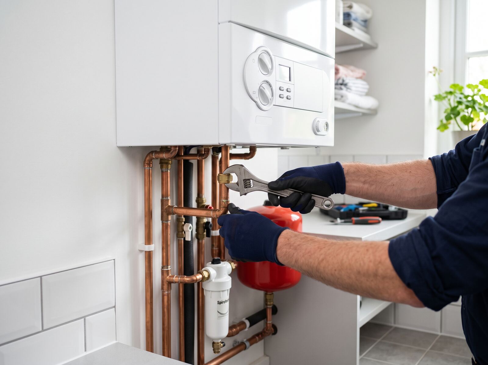 A heating engineer fitting pipework beneath a new combi boiler