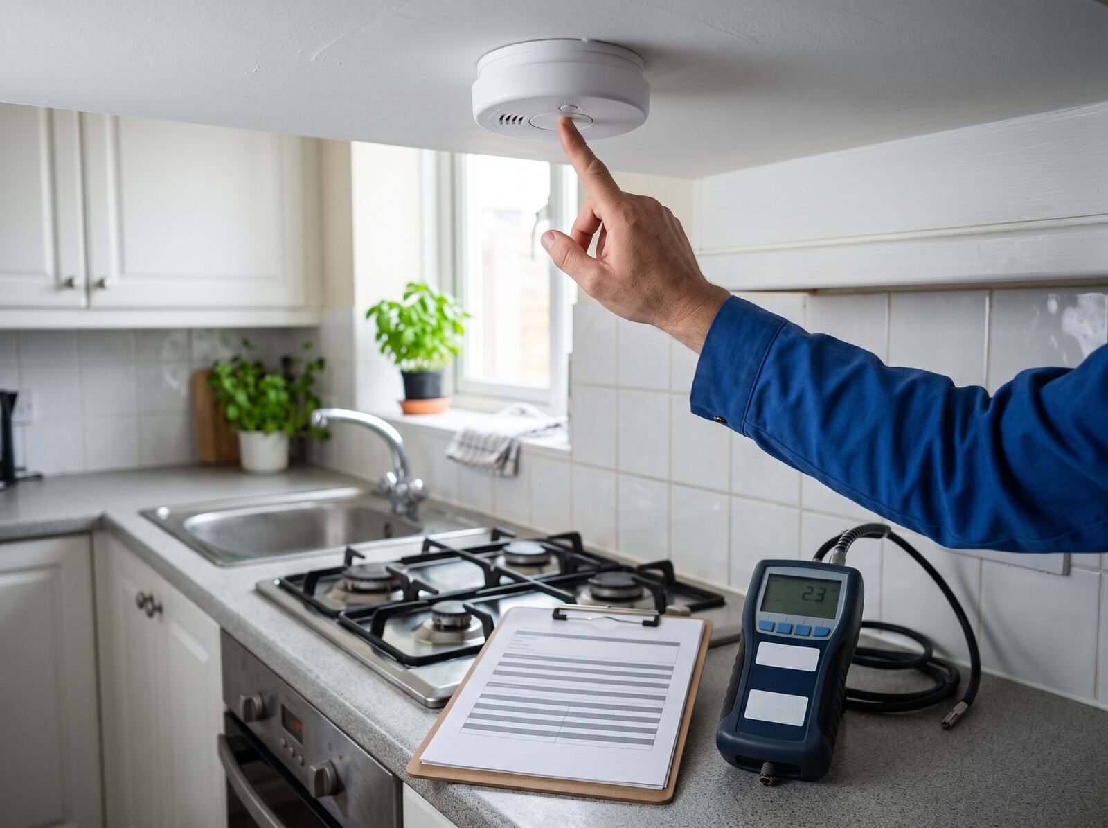 A safety engineer testing a smoke alarm during a landlord safety check