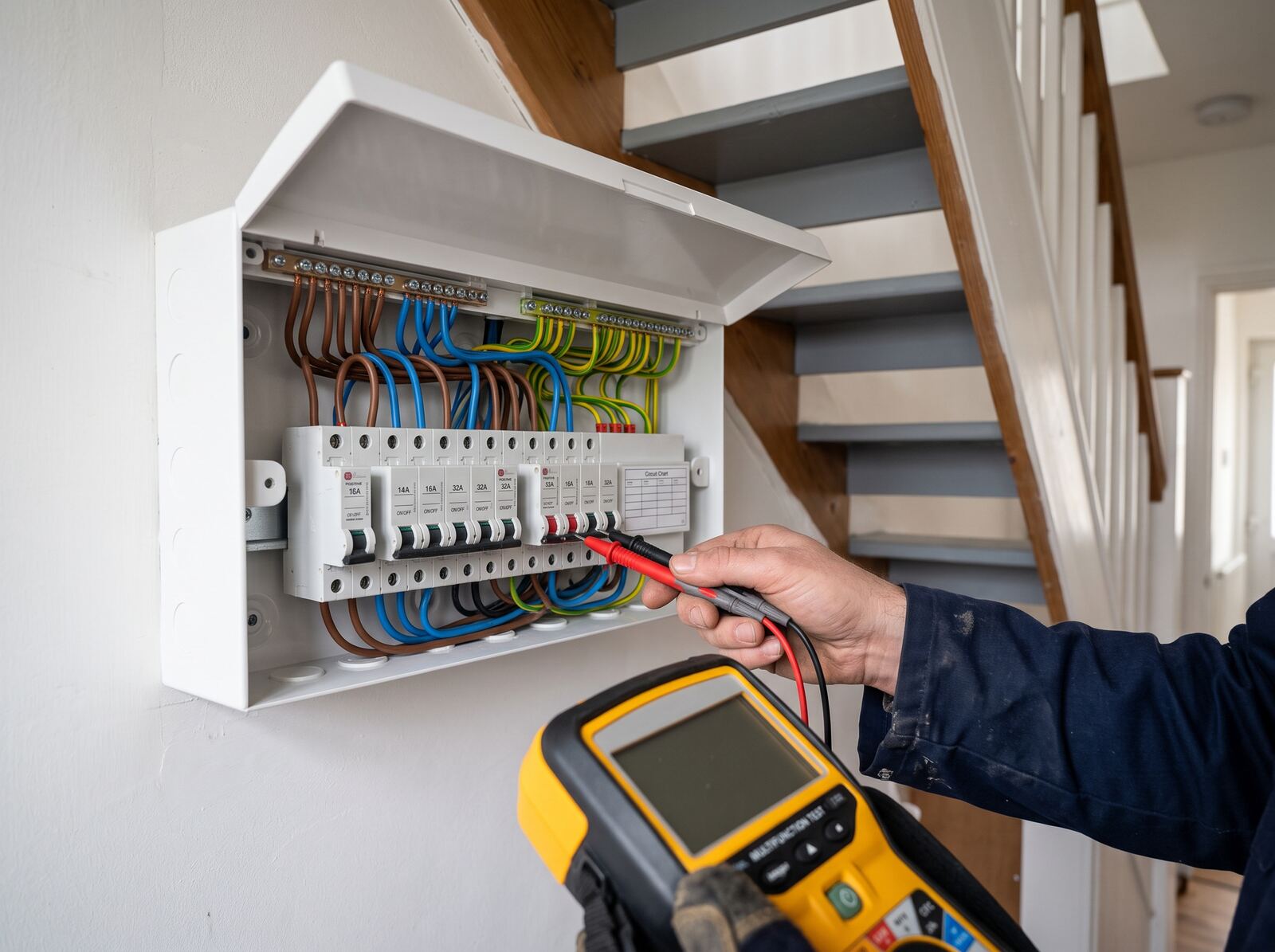 An electrician testing a consumer unit with a multifunction tester