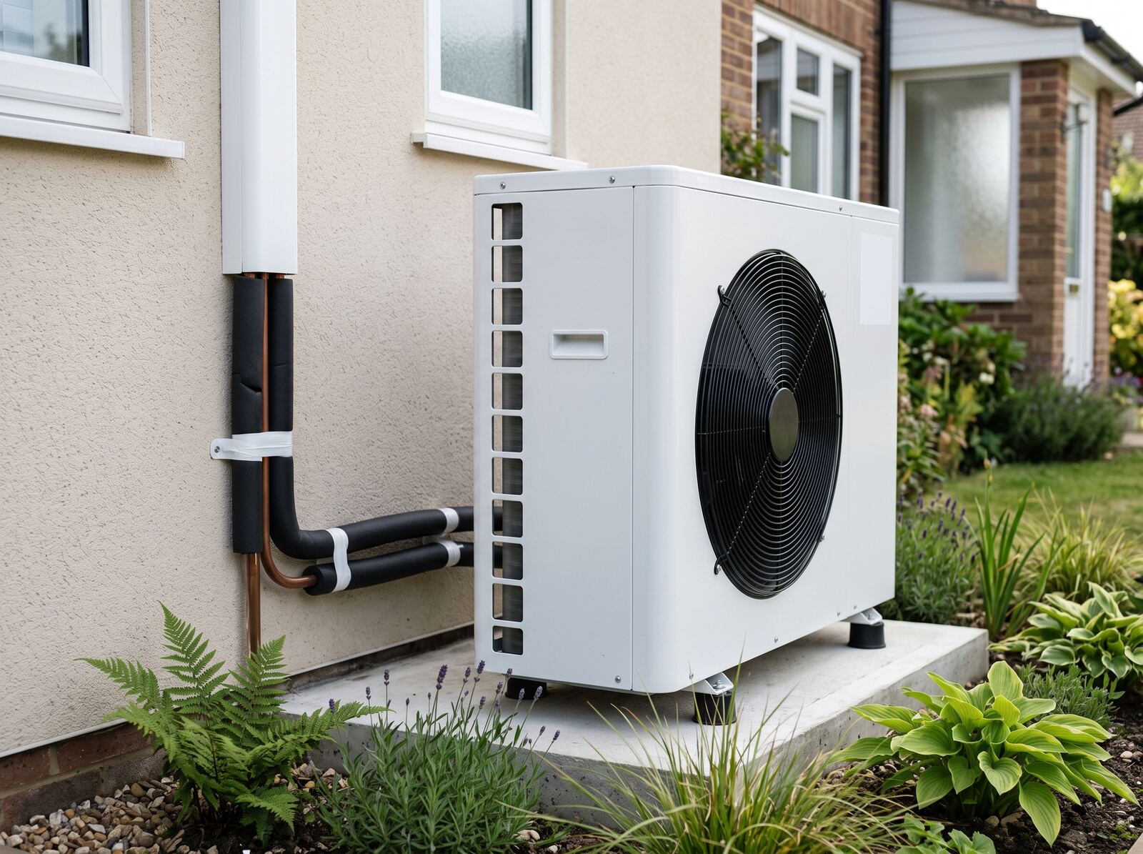 An air source heat pump installed beside a house