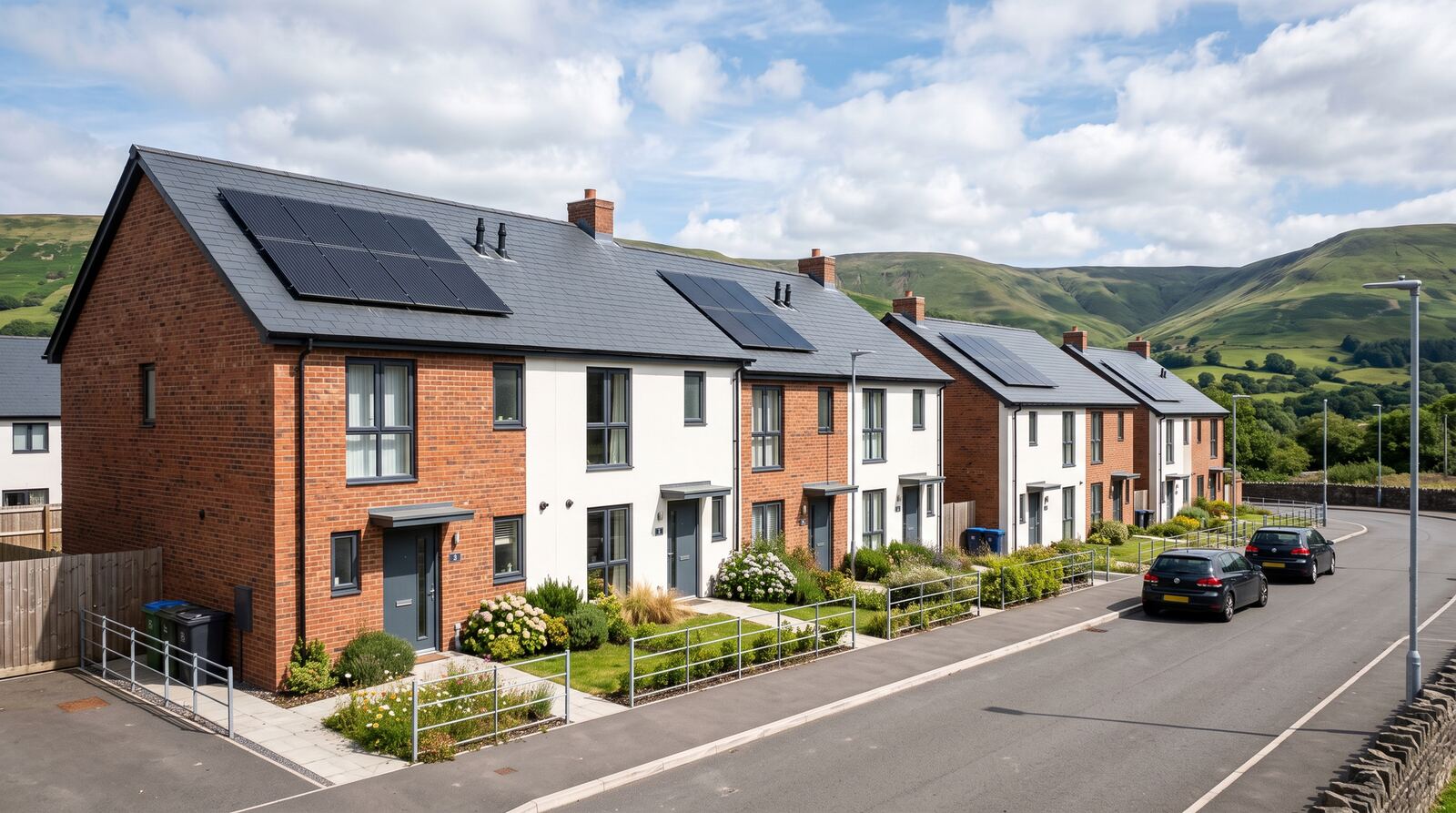 A street of modern terraced homes, some with solar panels on the roof