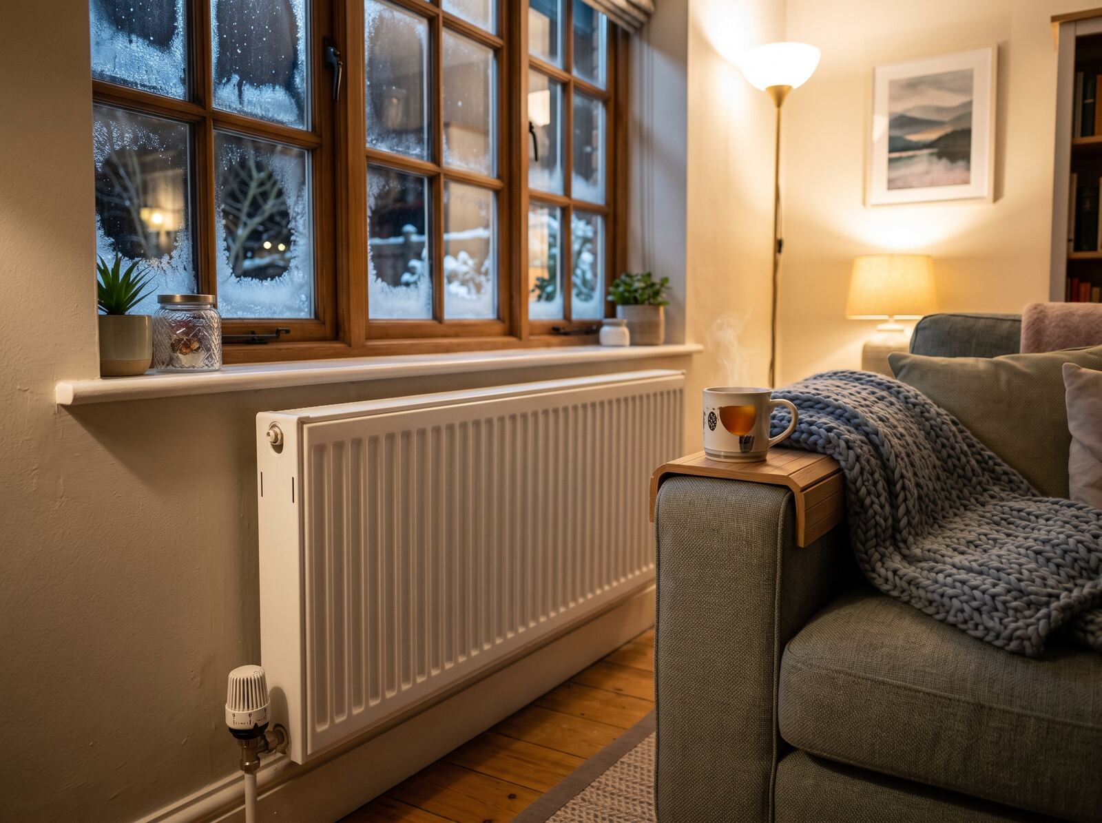 A warm living room with a radiator on a frosty evening